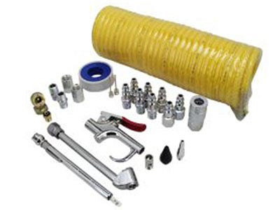 EXELAIR Recoil Hose and Air Accessory Kit - 25' Recoil Hose, Blow Gun, 2 Chucks, Pencil Gauge, M-Style Couplers/Plugs, Safety Adapter, Nozzle Tips, Inflator Needle, Hex Nipples/Couplings, and Thread Tape - EX0325HKIT